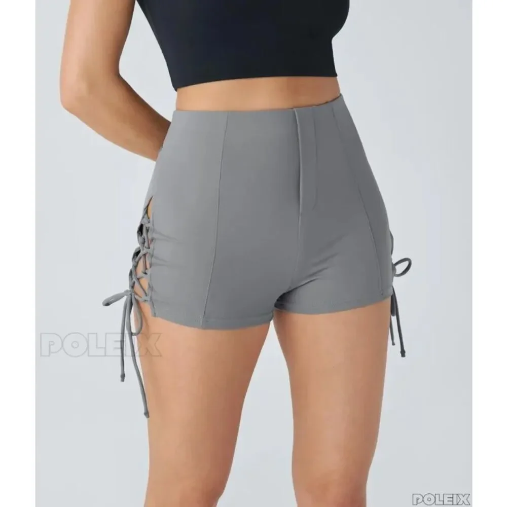 Halara Gray Lace Up High Waisted Shorts Side Tie Stretch Size L NWT